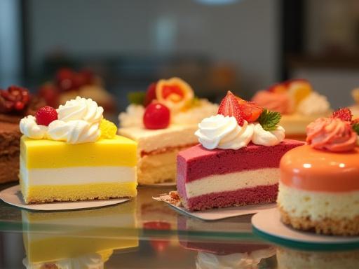 Et fargerikt utvalg av kakestykker i disken.