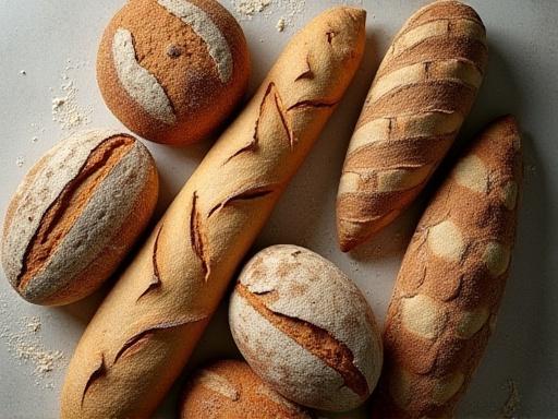 Et utvalg av forskjellige surdeigsbrød.